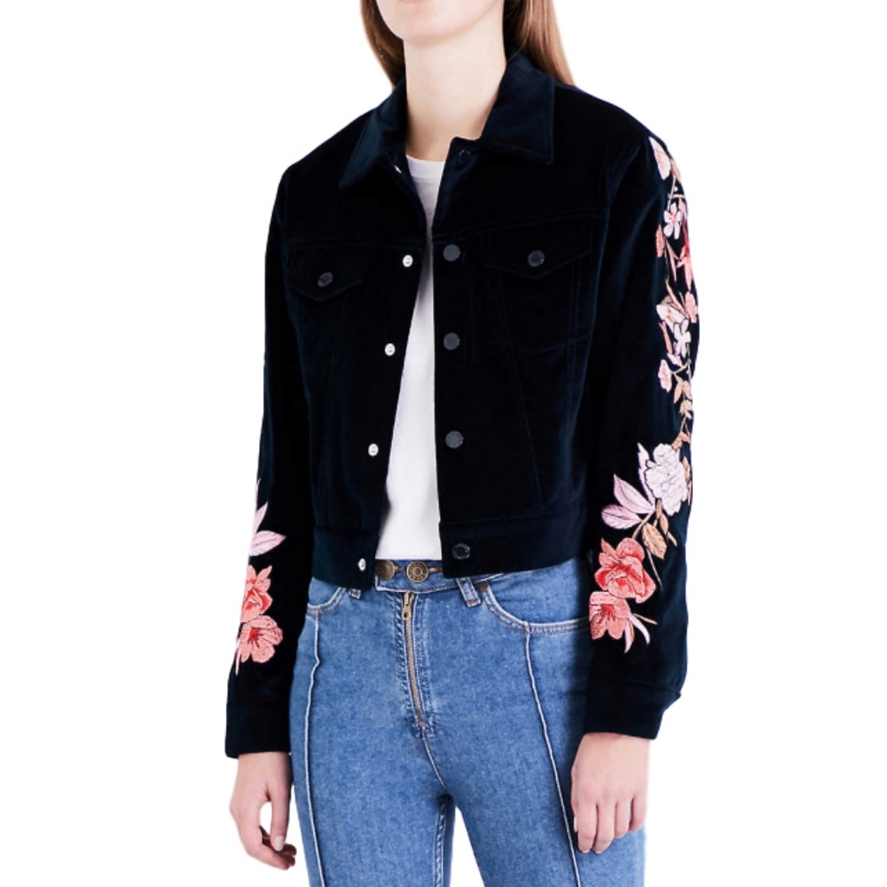 Sandro Flower Embroidered Velvet Navy Jacket